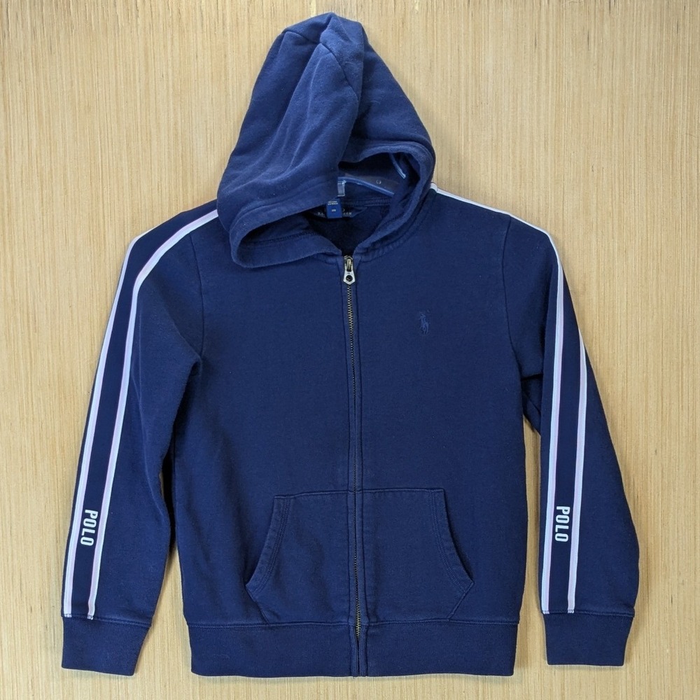 Polo Ralph Lauren Boys Navy Blue Side Stripe Full Zip Hoodie Girls Size M 8-10